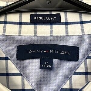 Tommy Hilfiger Regular Fit 17 34-35 Dress Shirt Checkered White Blue